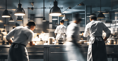 A commercial kitchen in service